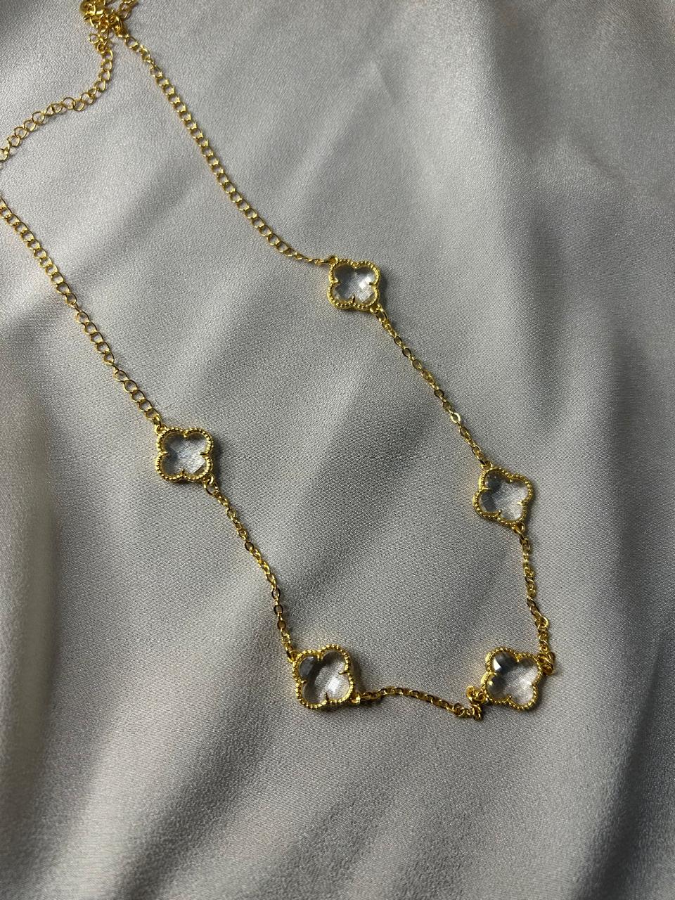 Colar Estação Trevos de Cristal Folheado a Ouro